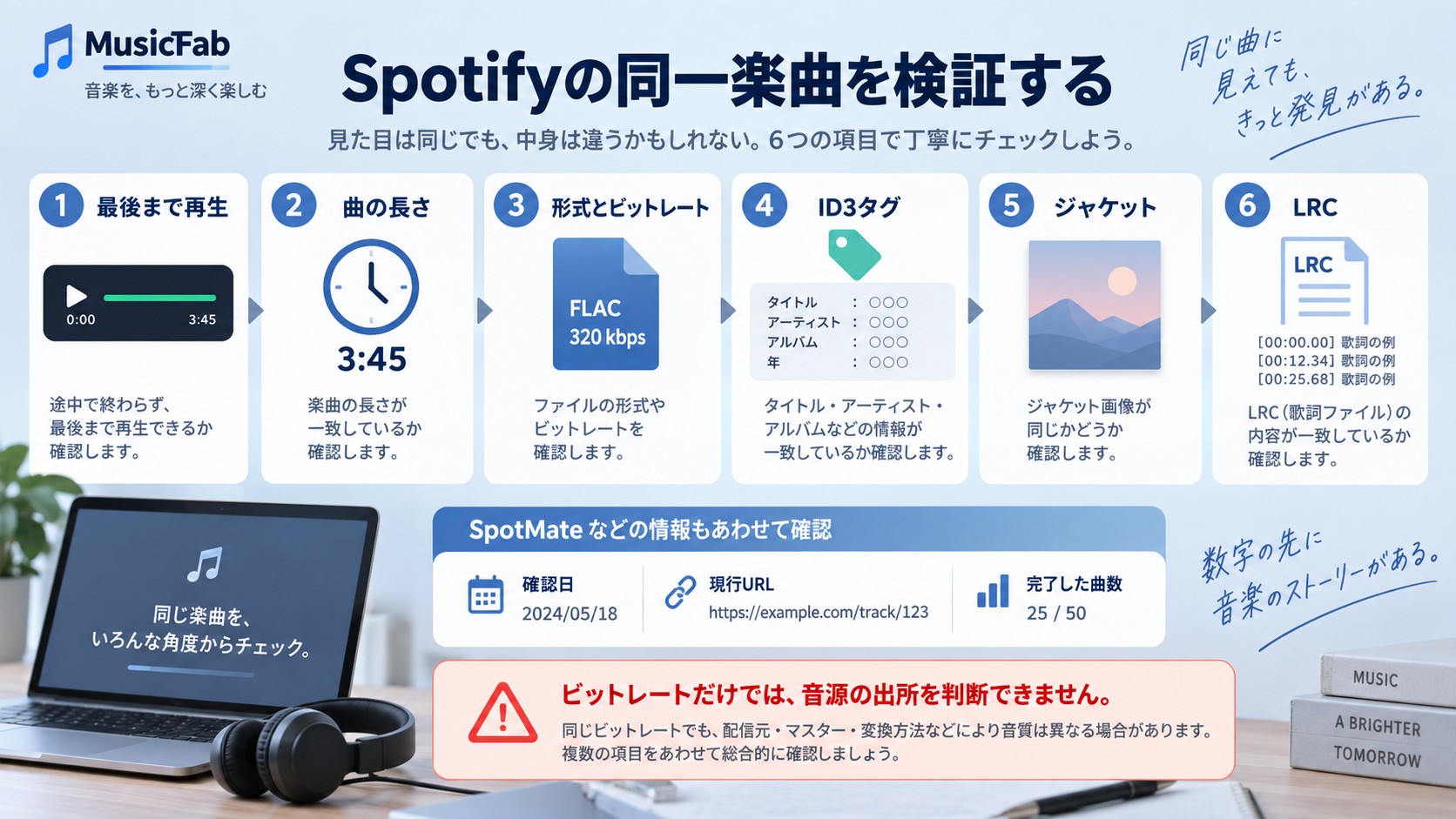 Spotify変換結果を再生時間、ビットレート、ID3、ジャケット、LRCで検証する項目