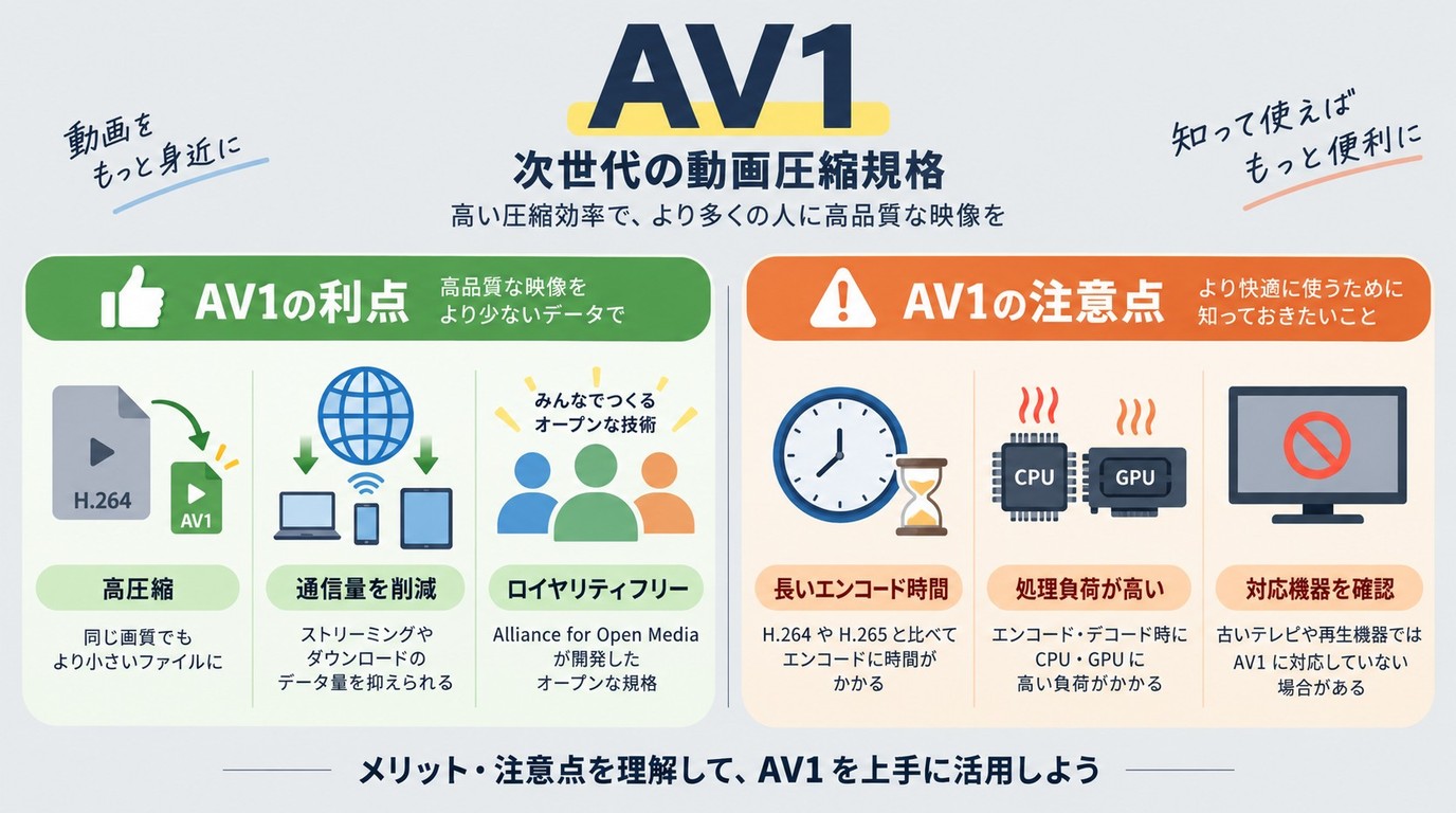 AV1の圧縮効率と処理負荷、再生互換性のメリット・デメリット