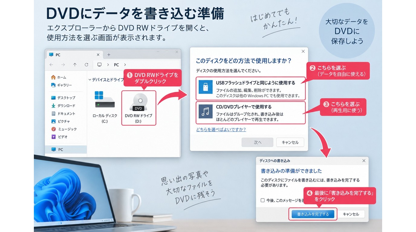 WindowsでDVD RWドライブを開き書き込み方式を選ぶ手順