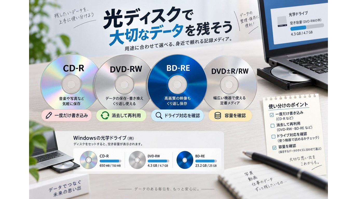 CD-RやDVD-RWなどの消去可否と容量確認