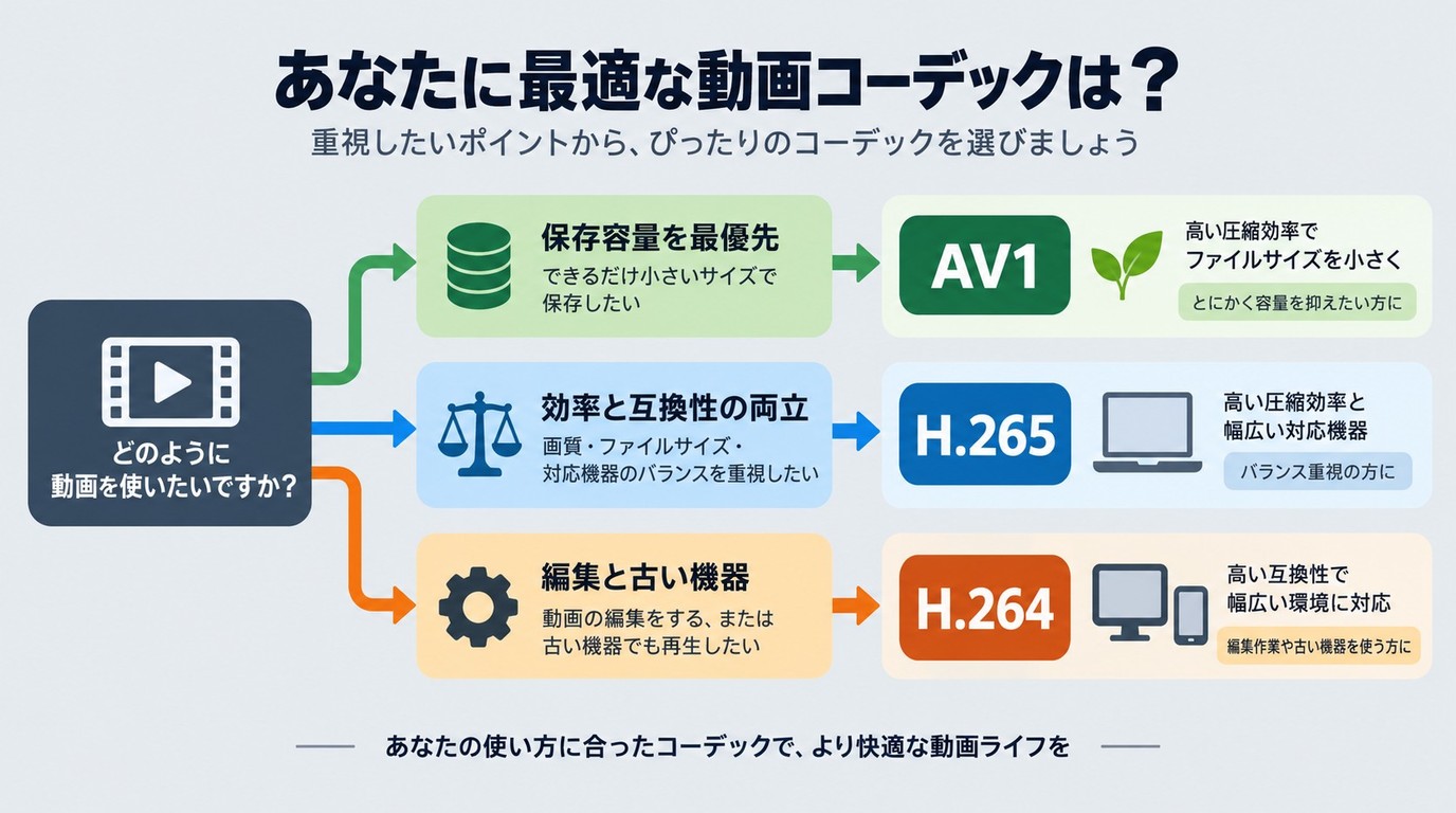 保存、配信、編集、再生機器からAV1、H.265、H.264を選ぶ基準