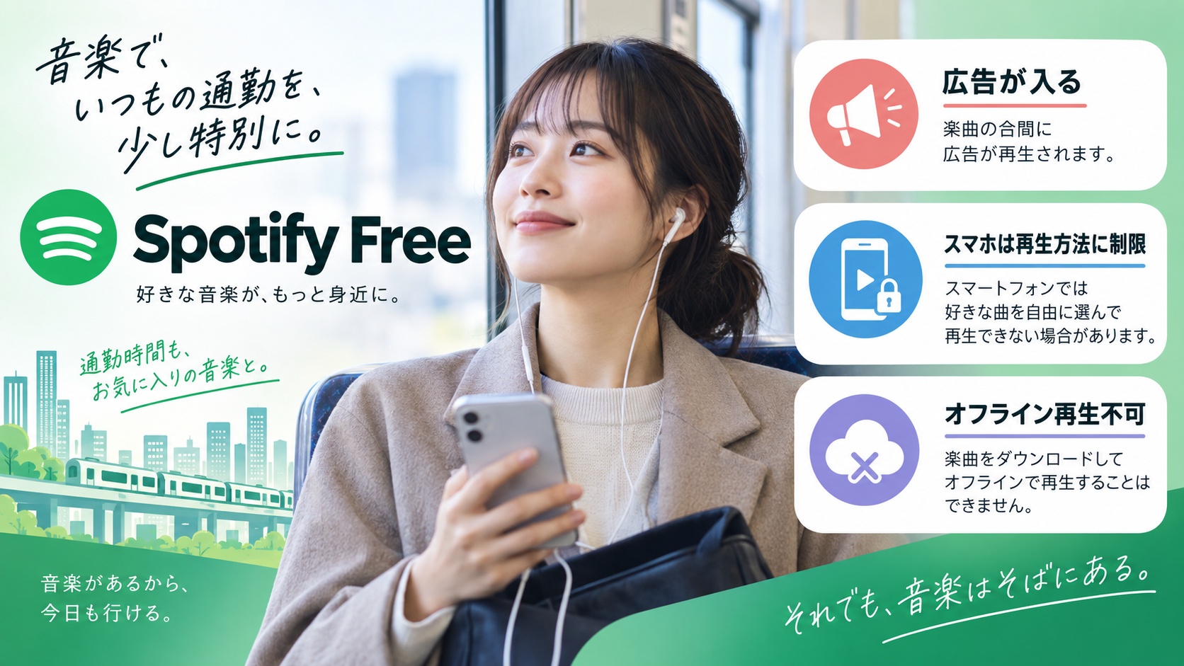 Spotify Freeで広告やオフライン再生の違いを確認する場面