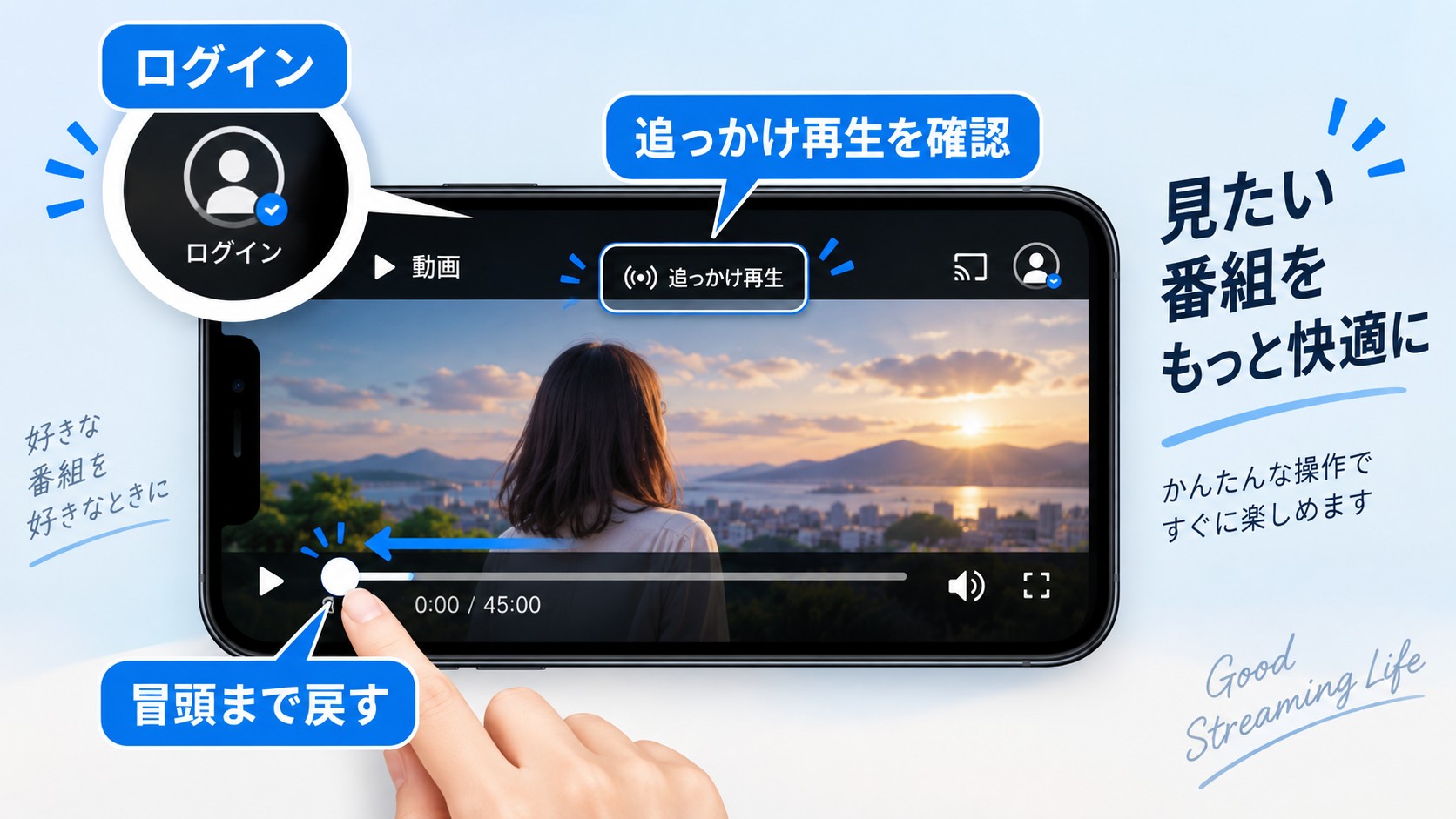 TVerの追っかけ再生画面で再生バーを番組の冒頭へ戻す手順