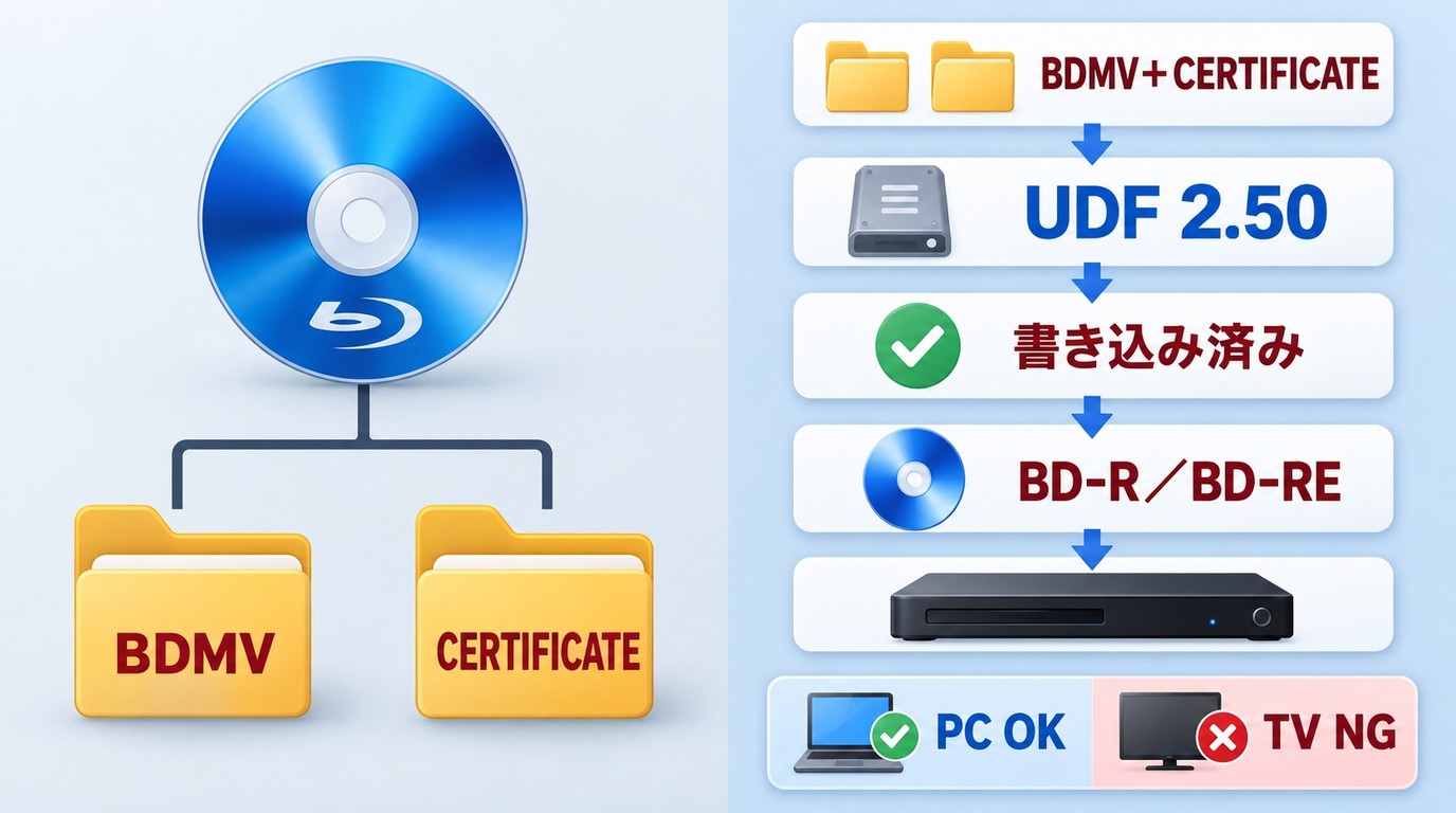 BDMVの配置とUDF 2.50から再生不能の原因を確認する手順