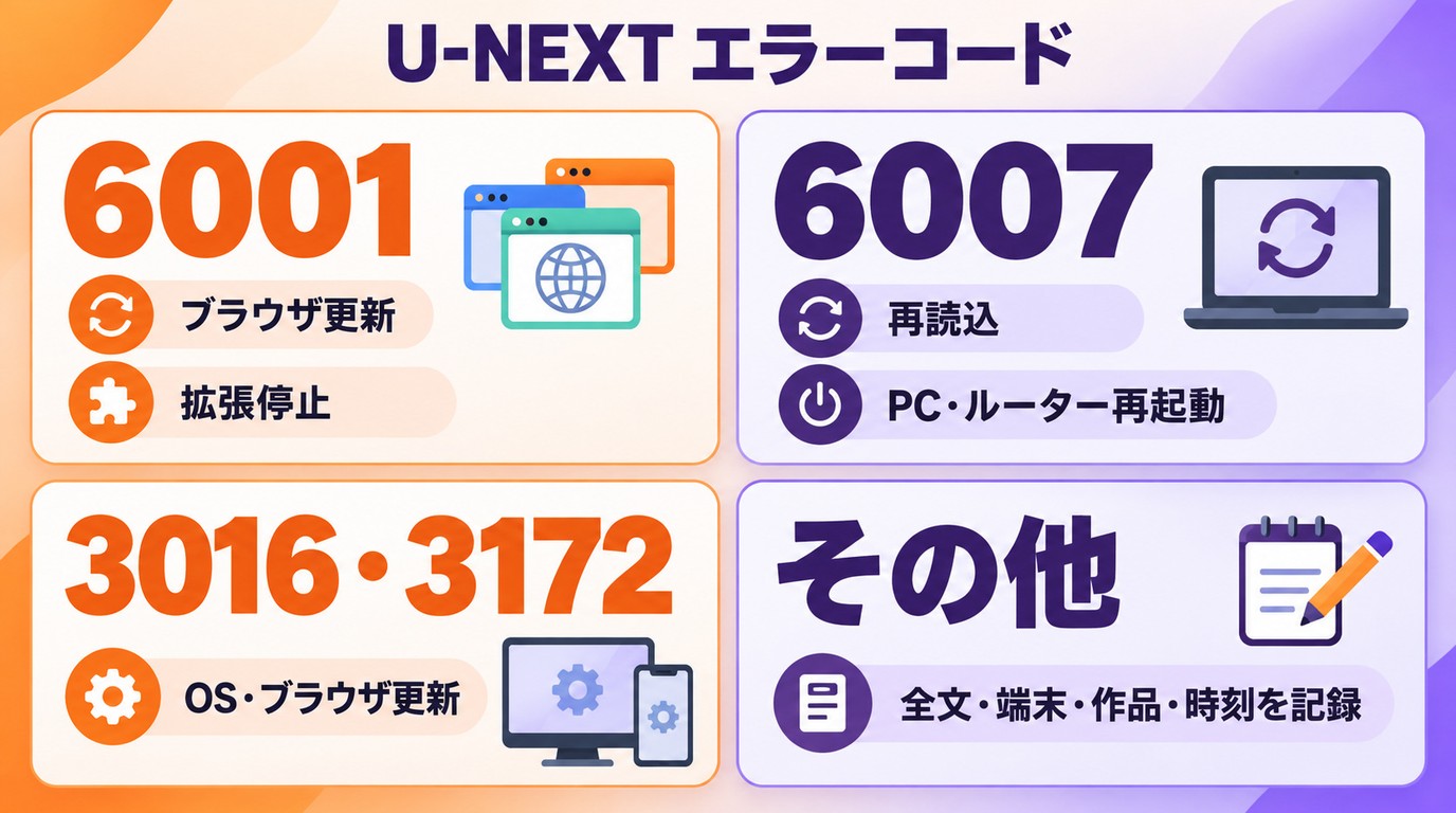 U-NEXTの6001、6007、3016などを最初の対処へつなぐ案内