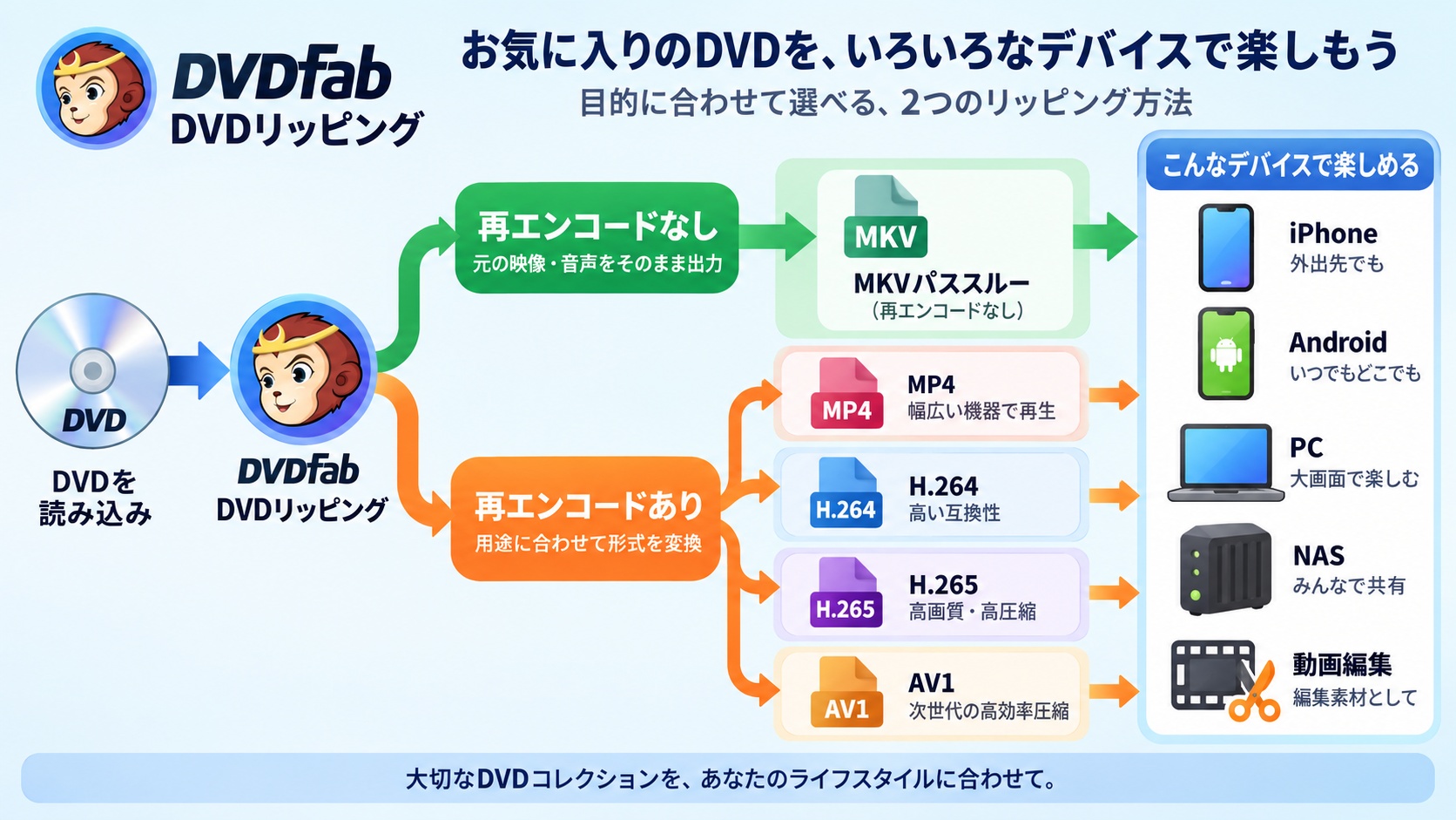 DVDFabでDVDを抽出し、MKVパススルーとMP4再エンコードへ分かれる流れ