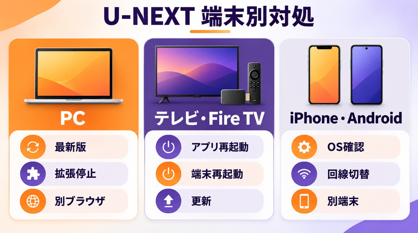 U-NEXTの端末別対処をPC、Fire TV、iPhone、Androidに分けた確認案内