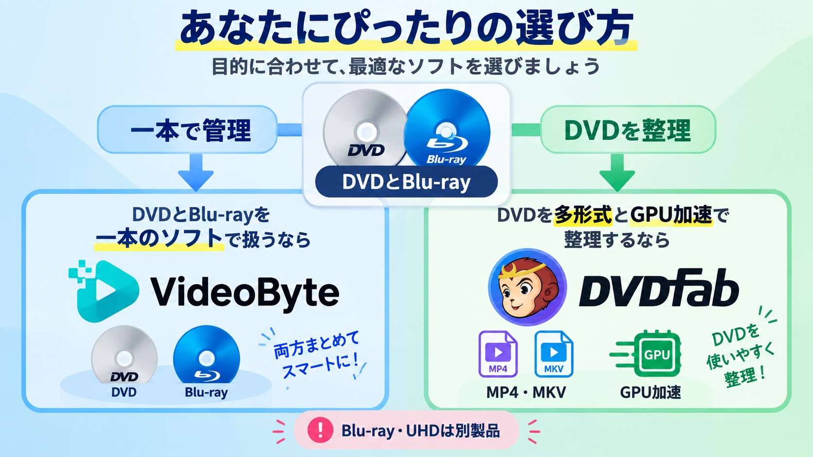 VideoByteとDVDFab DVDリッピングをディスク用途で選ぶ分岐