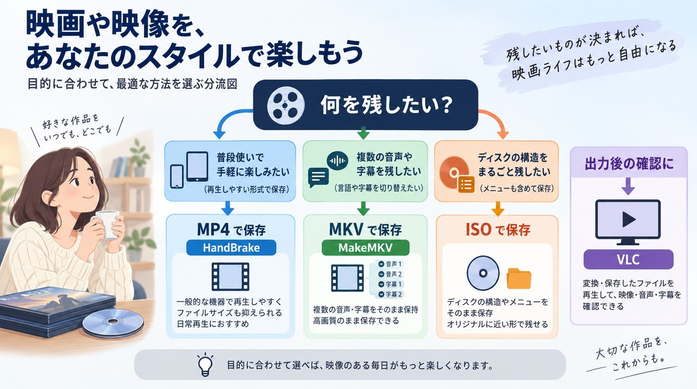 LinuxでMP4・MKV・ISOを選ぶ基準とMakeMKV、HandBrake、VLCの役割