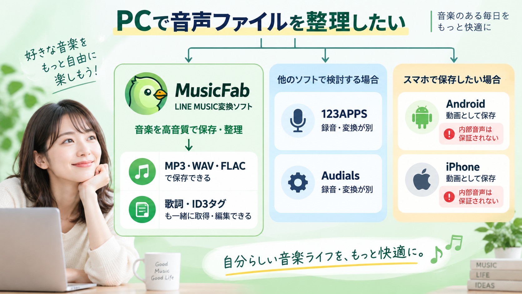LINE MUSICの保存方法をMusicFab、123APPS、Audials、Android、iPhoneで選ぶ目安