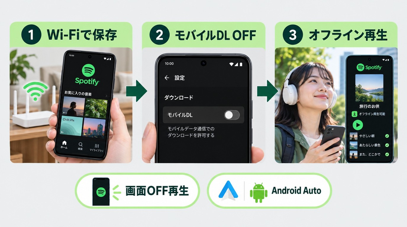 SpotifyをWi-Fiで保存し、外出時にオフライン再生してギガを抑える手順