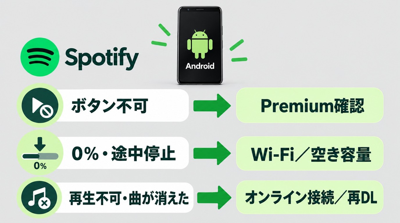 Android版Spotifyの症状別にPremium、通信、容量、再接続を確認する流れ