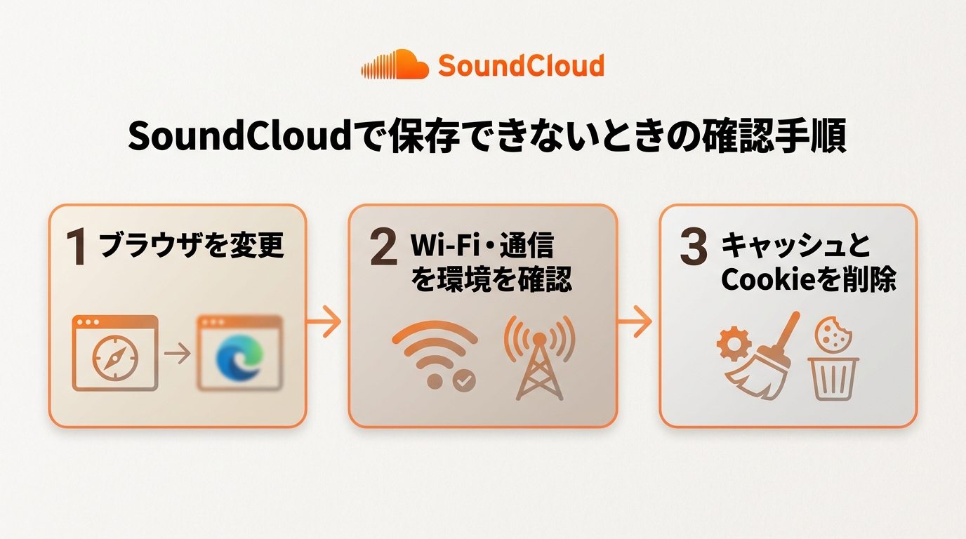 SoundCloudがダウンロードできないときにDownloadボタン、ブラウザ、通信、キャッシュを確認する手順