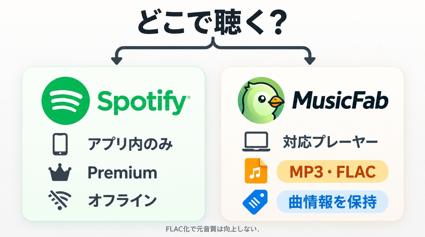 Spotify公式アプリとMusicFabを再生先と保存形式で選ぶ目安