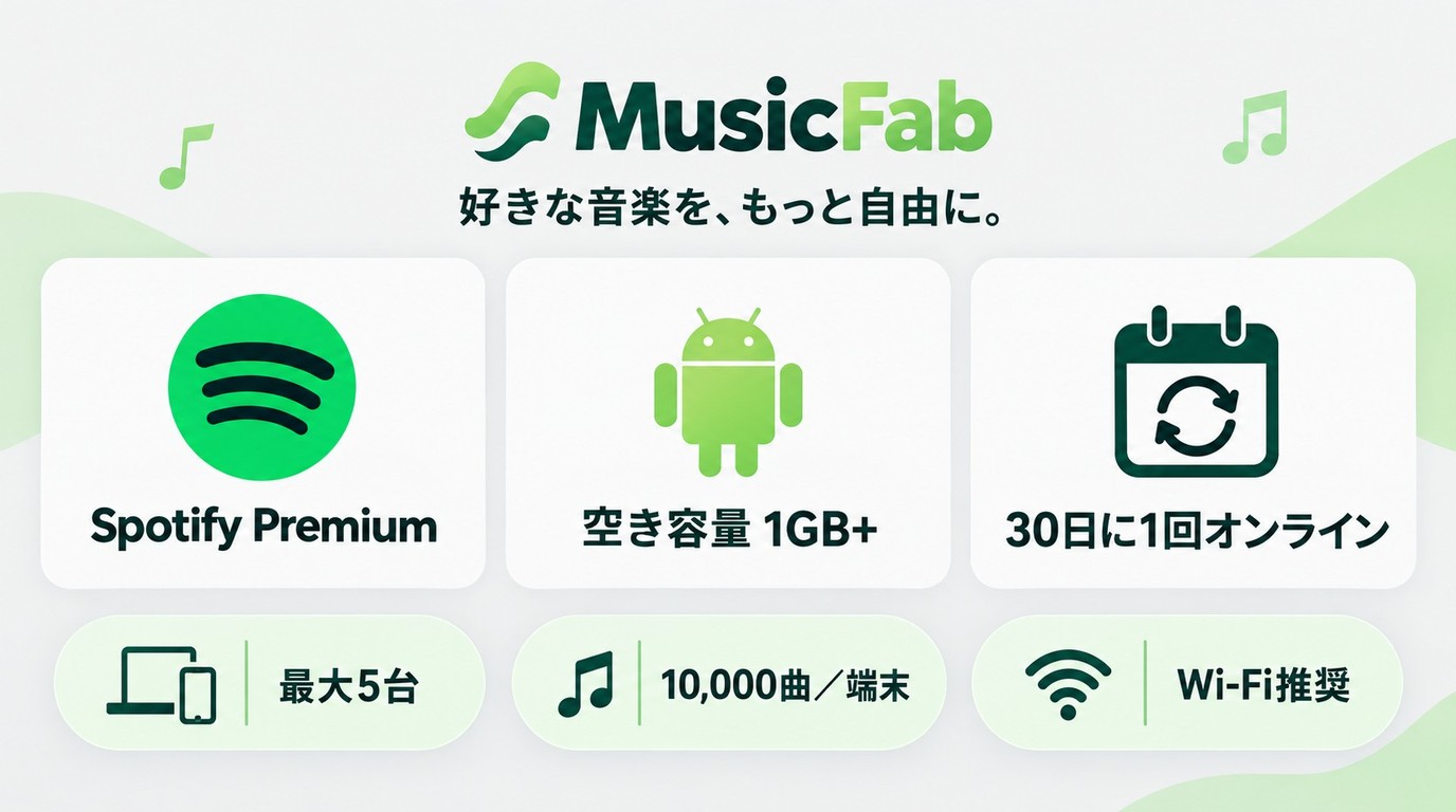 Spotify Premiumで楽曲を保存する前の空き容量、端末数、オンライン接続の確認項目
