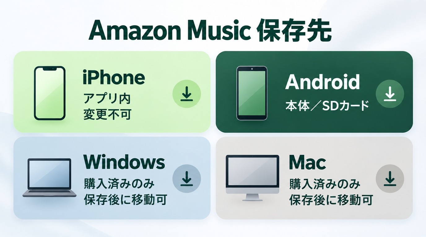 Amazon Musicの端末別保存先と通常ファイルとして扱える範囲