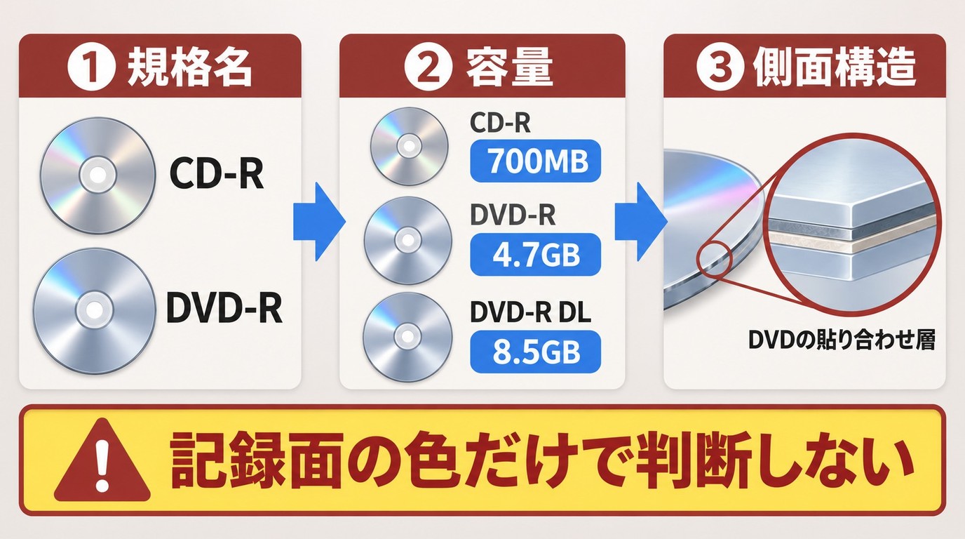 CD-RとDVD-Rを表記、容量、側面の貼り合わせ部分から見分ける方法
