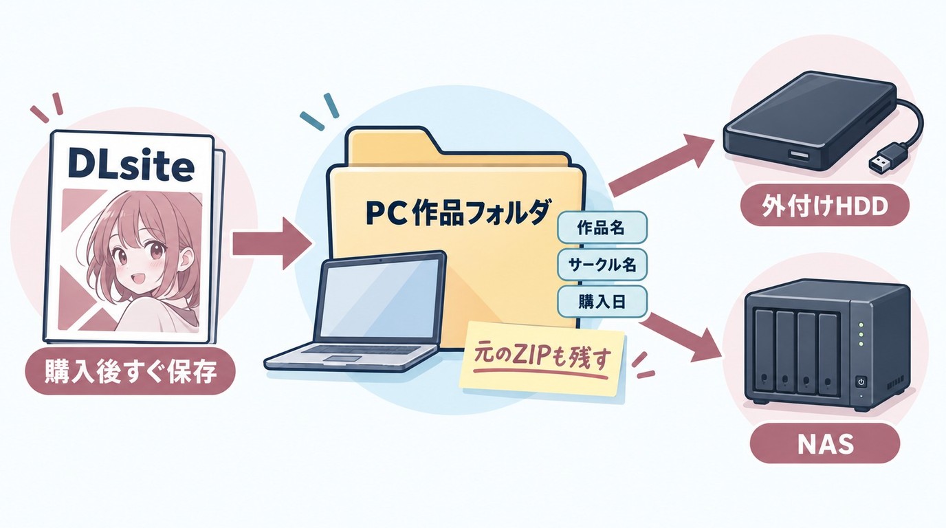 DLsiteから取得した作品ファイルをPCと外付けストレージにバックアップする流れ