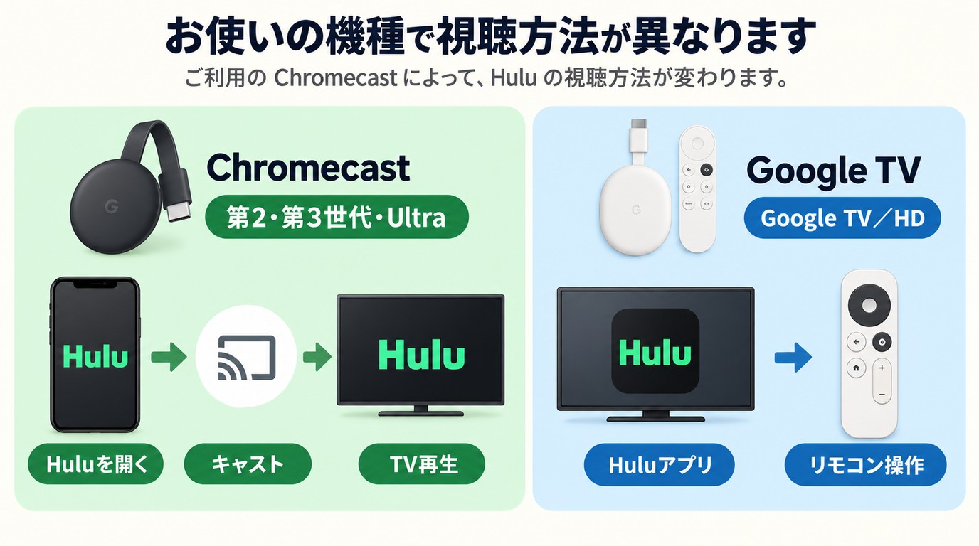 Chromecastの機種別にHuluの視聴方法を分けた案内
