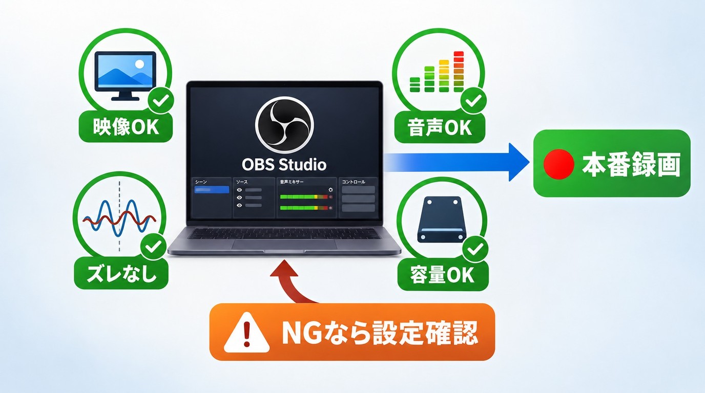 OBS Studioのテスト録画で映像と音声と保存容量を確認する手順