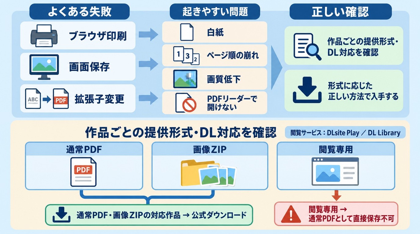 DLsite Playの印刷失敗、PDFの読み込みエラー、ページ順の乱れの対処例
