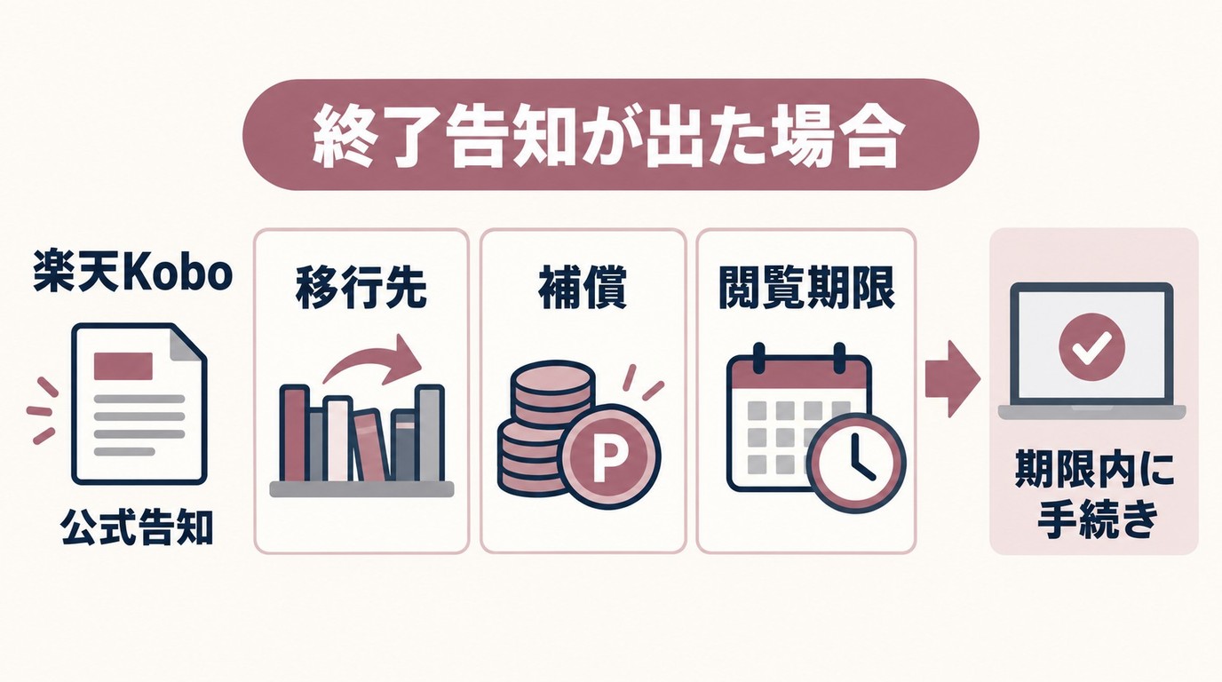 電子書籍サービス終了時に購入済み本の移行・閲覧期限を確認するイメージ