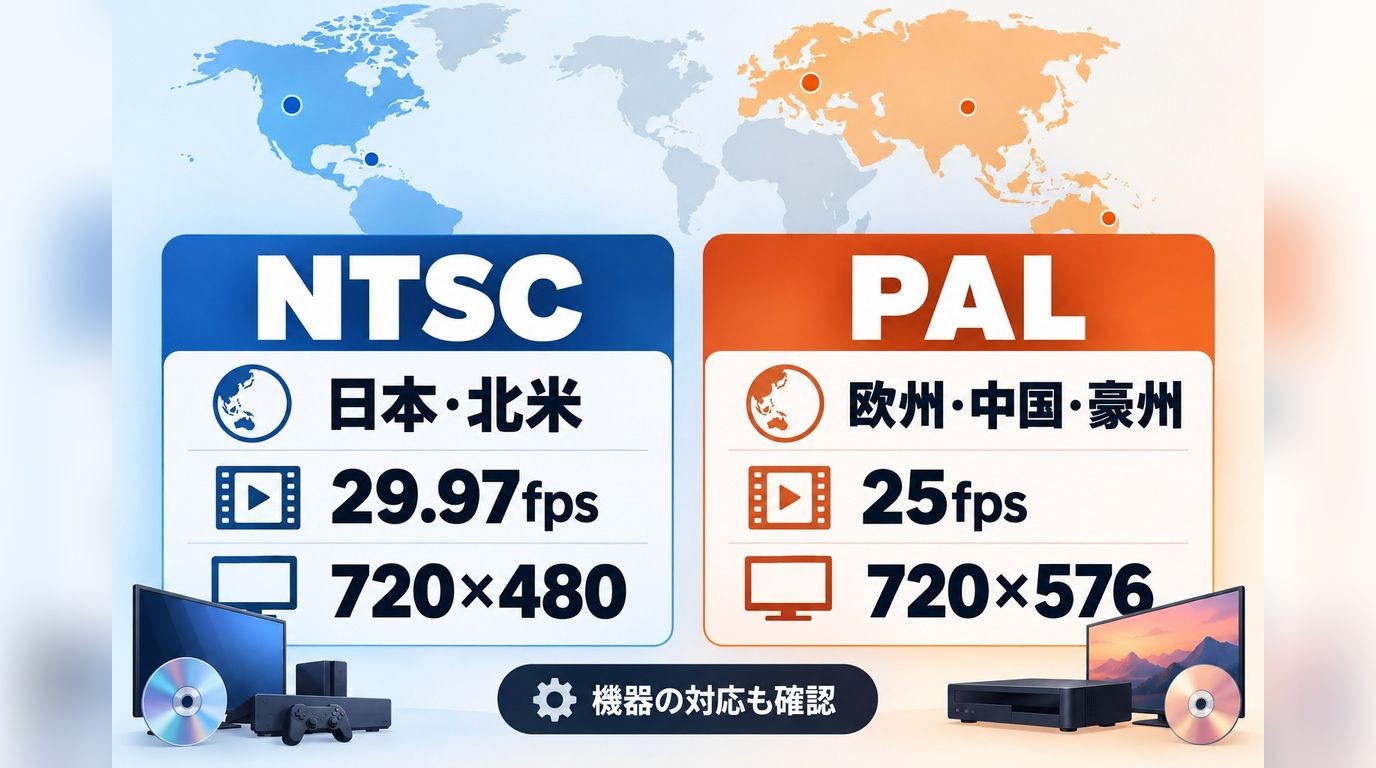 日本と北米はNTSC、欧州・中国・豪州ではPALが一般的という地域別の目安