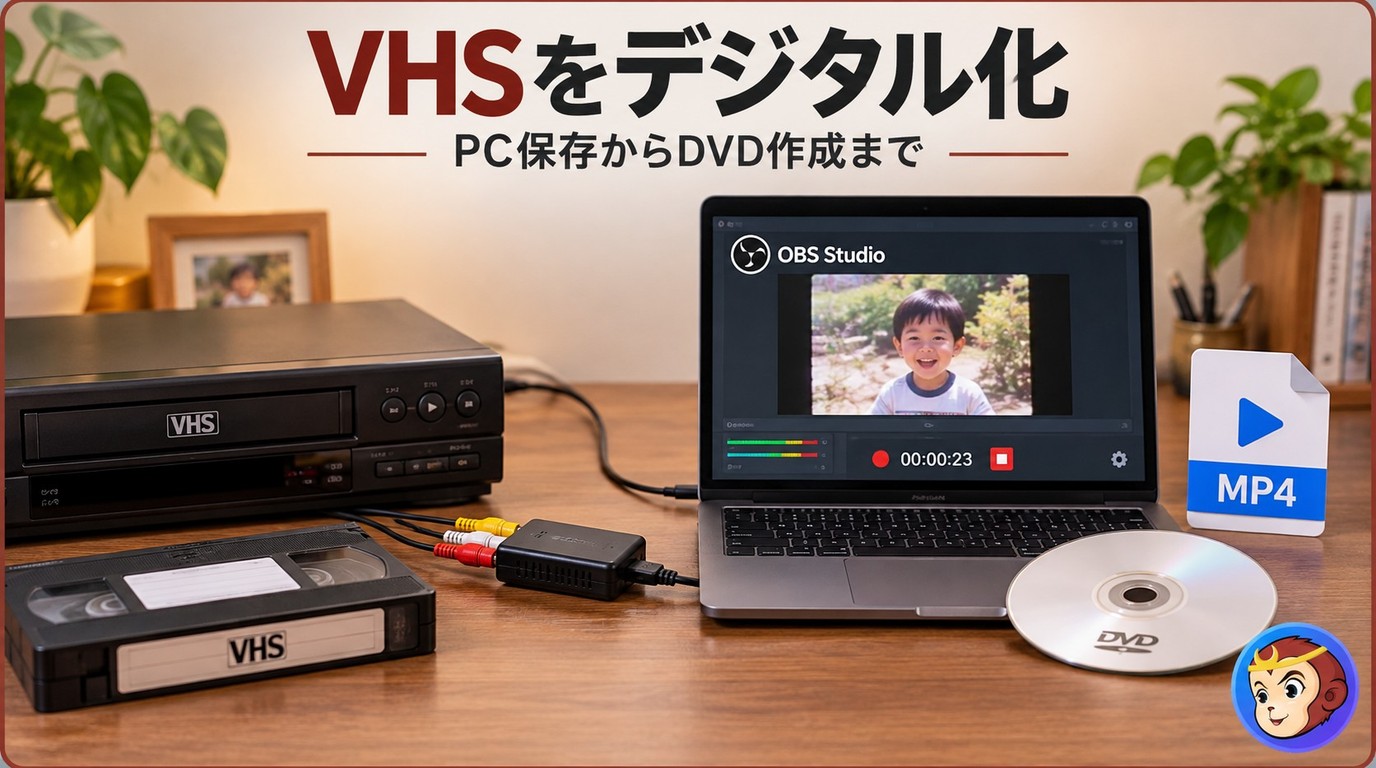 VHSをUSBビデオキャプチャーでPCへ取り込み、MP4やDVDに保存する流れ