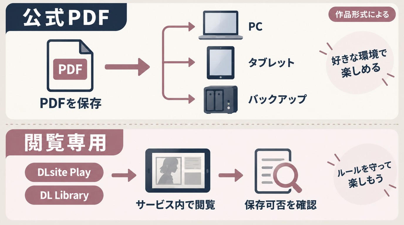 公式に取得したDLsiteのPDFをPC・タブレット・バックアップ先で管理するイメージ