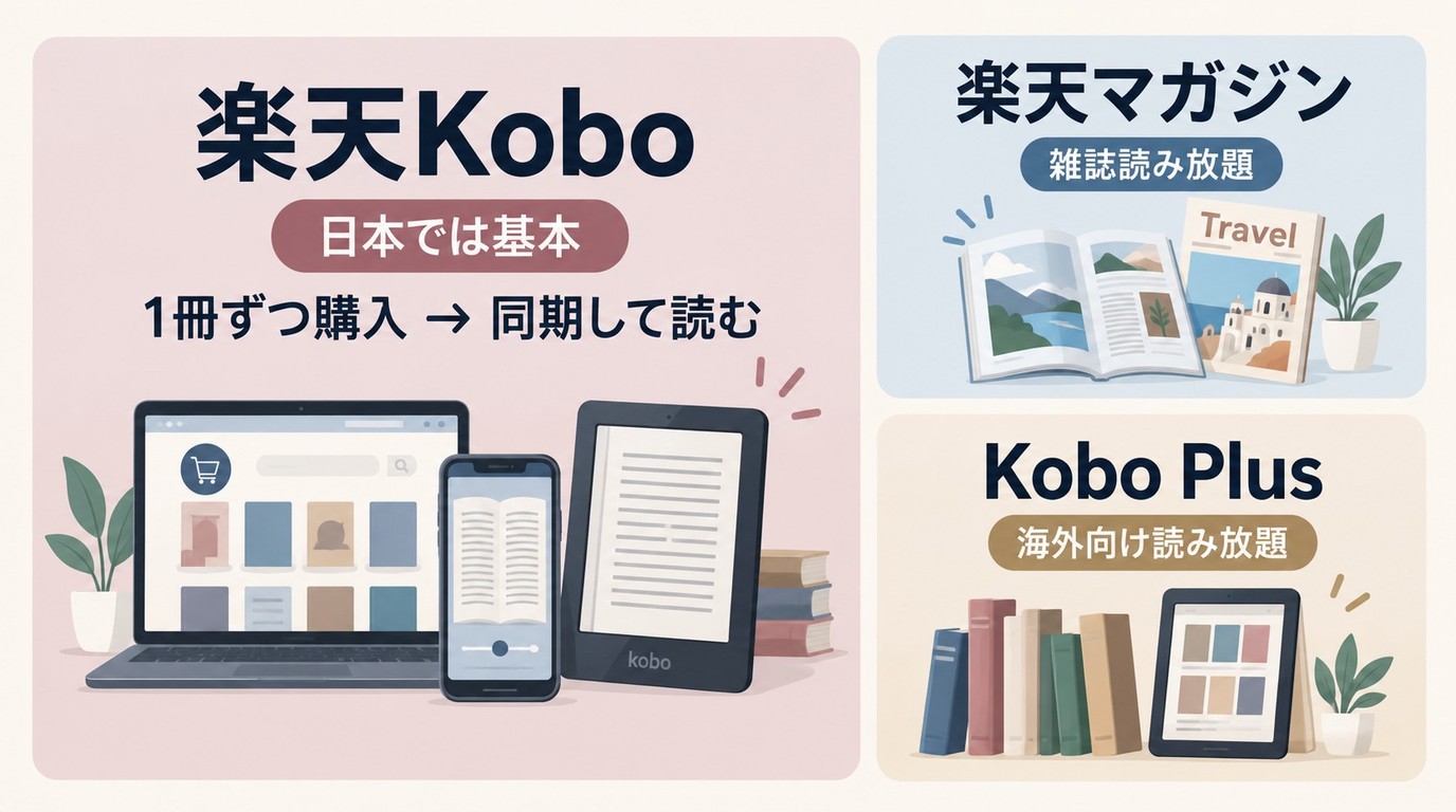 楽天Koboの買い切り購入、楽天マガジン、海外Kobo Plusを区別する図