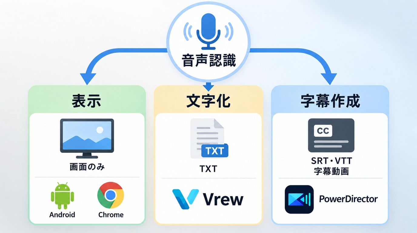 音声から画面表示、文章、時刻付き字幕へ分かれる自動字幕起こしの用途