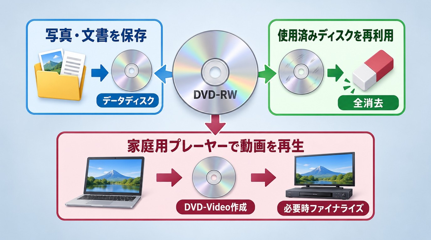 DVD-RWのデータ保存、全消去、DVD-Video作成の目的別操作