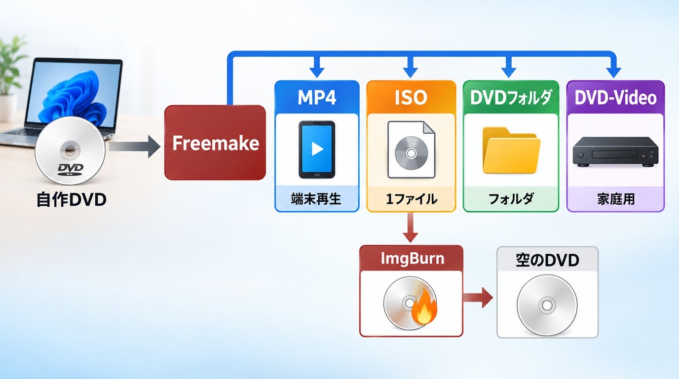 Freemakeで自作DVDをMP4、ISO、DVDフォルダへ保存する流れ
