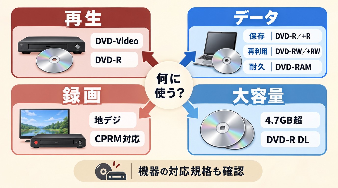 用途と再生機器からDVD-RやDVD-RWやDVD-R DLを選ぶ流れ