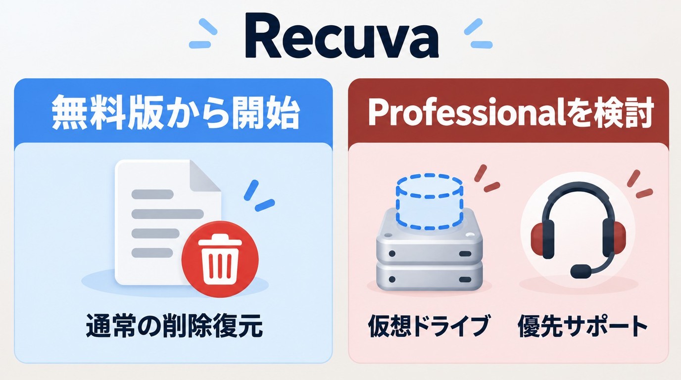 Recuva無料版とProfessionalを用途別に選ぶための分岐