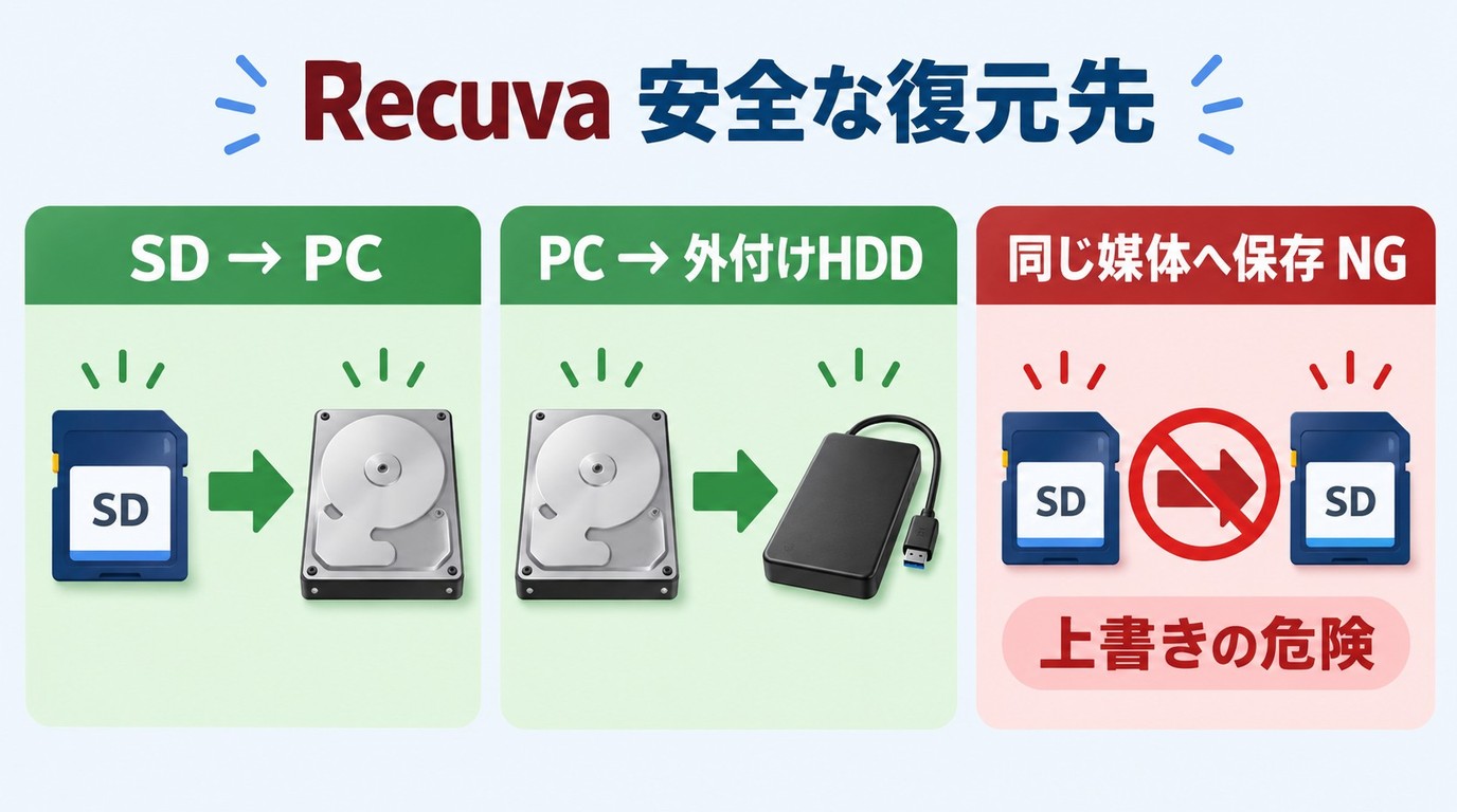 Recuvaで元の媒体への書き込みを止め、別の媒体へ復元する安全な流れ