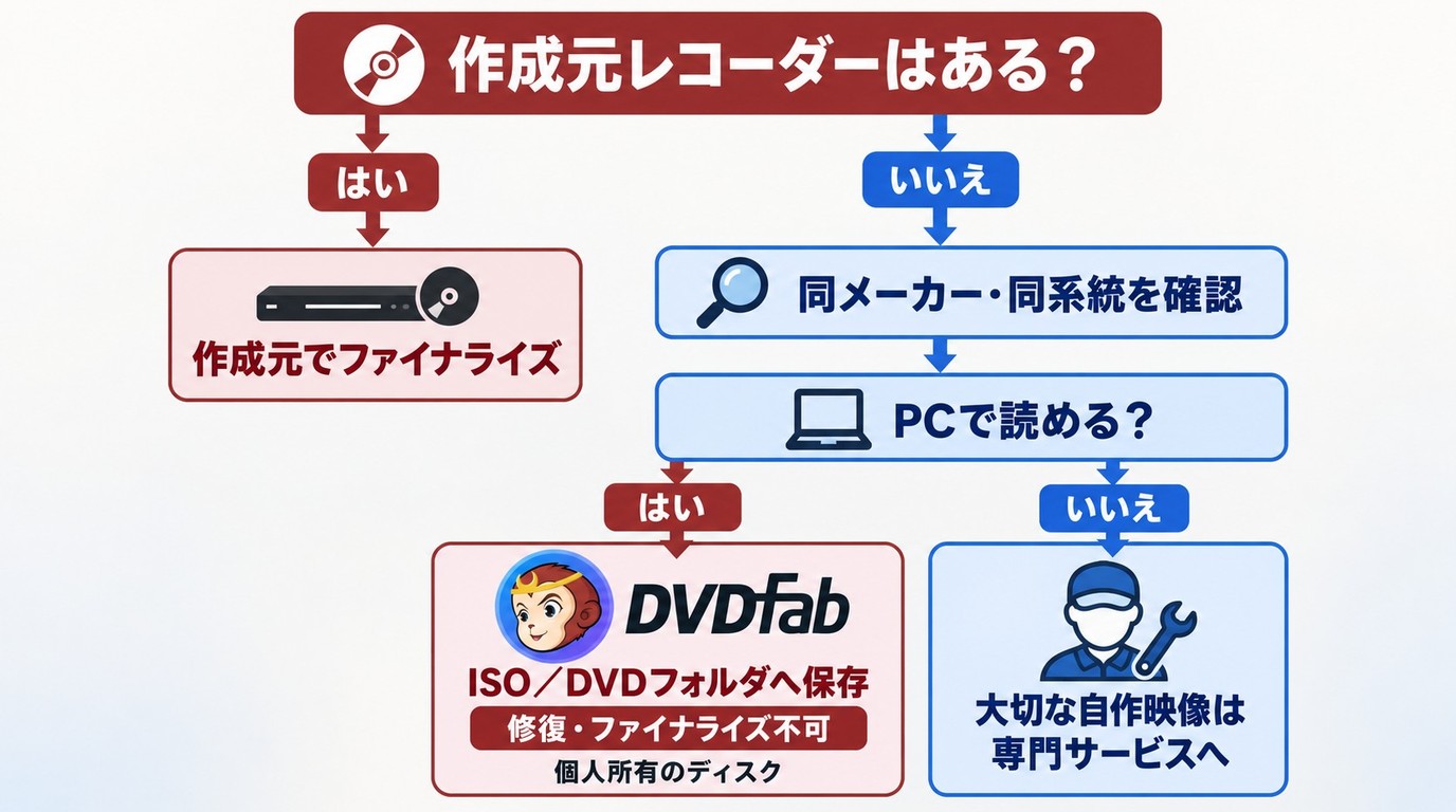 未ファイナライズDVDを作成元レコーダー、DVDFab、専門サービスへ振り分ける判断手順