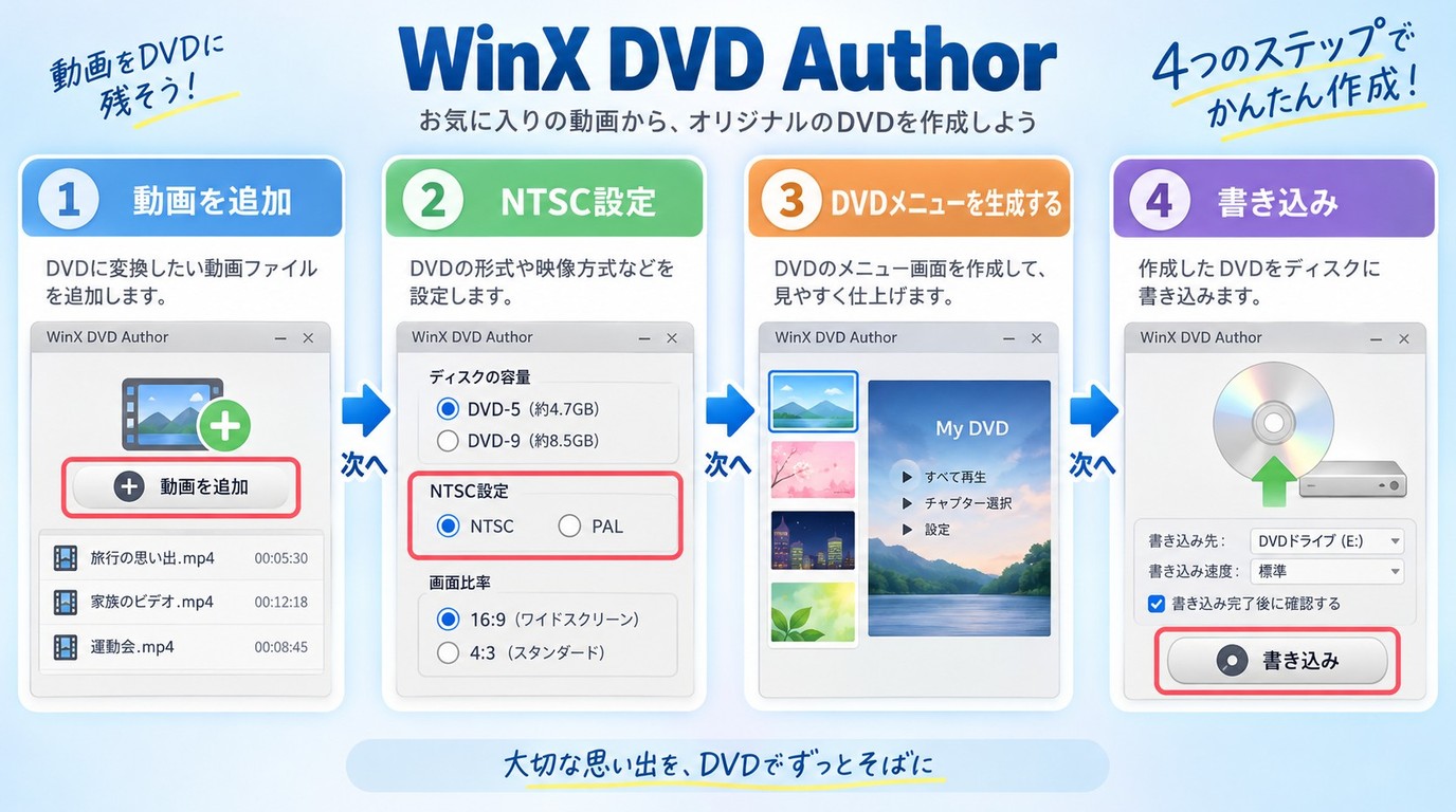WinX DVD Authorで動画追加からNTSC設定とメニュー作成を経てDVDへ書き込む手順