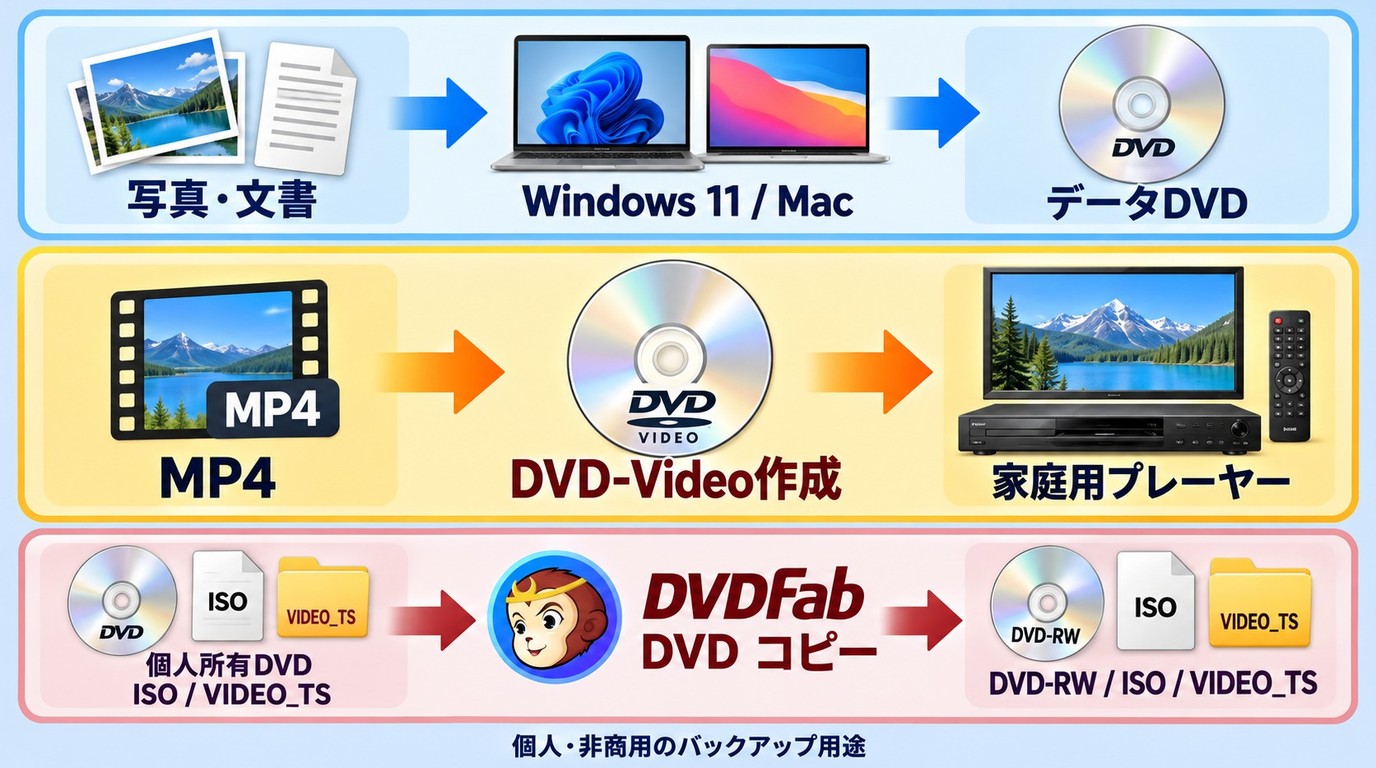 データ保存、DVD-Video作成、DVDFab DVD コピーの用途別ワークフロー