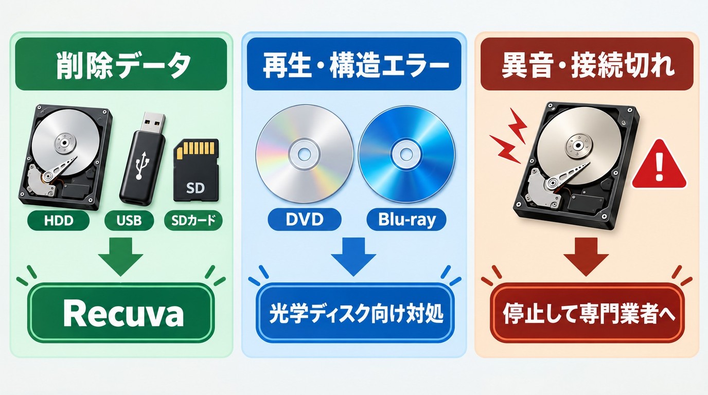 Recuvaが適する削除データと光学ディスク障害や物理故障の対処先