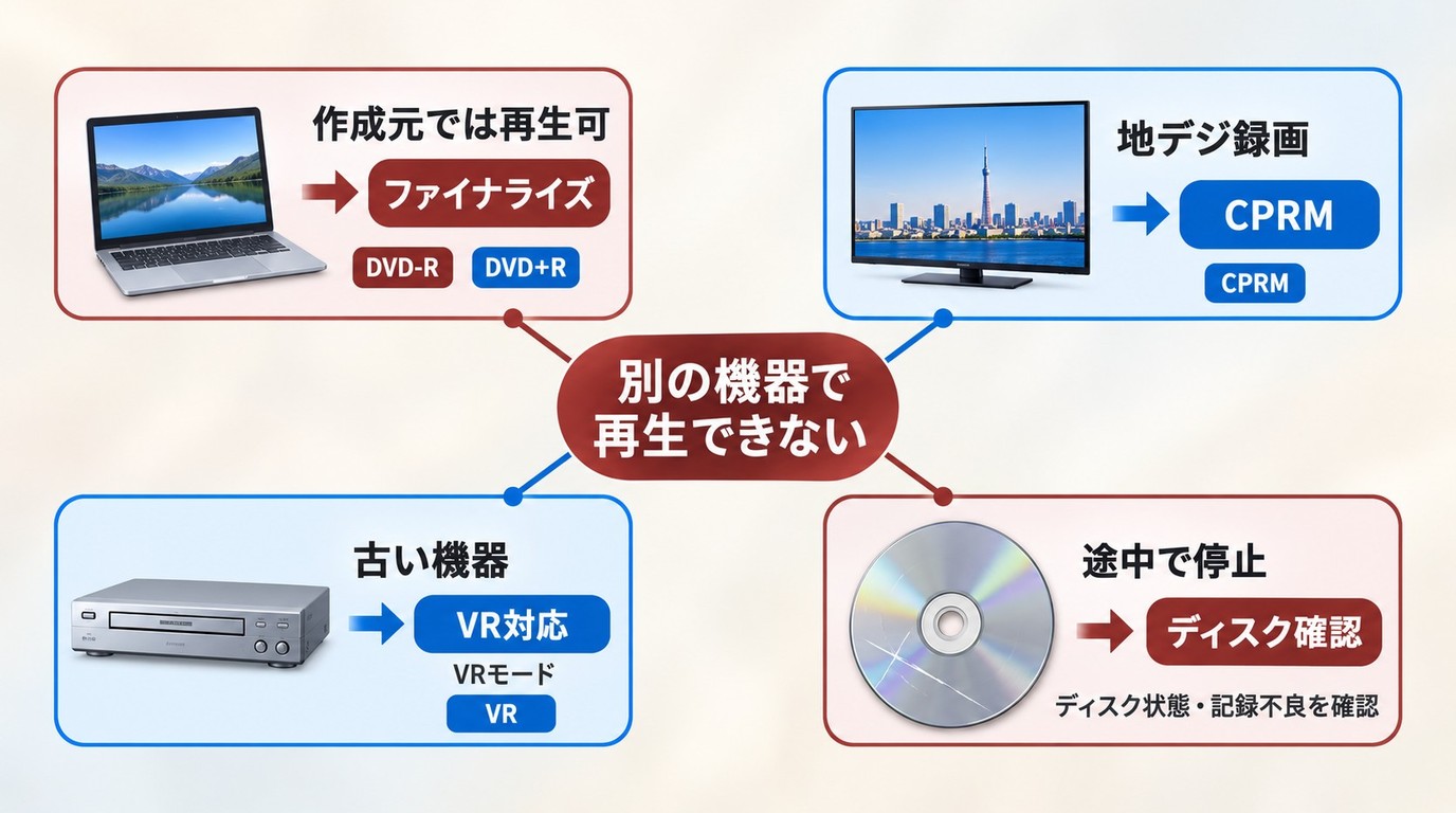 DVDが別の機器で再生できない時に、ファイナライズ、記録方式、CPRMを切り分ける流れ