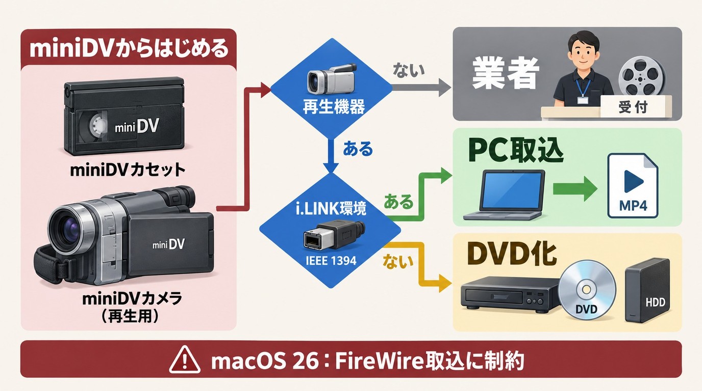 miniDVの再生機器と接続環境からPC取り込み、DVD化、業者依頼を選ぶ流れ