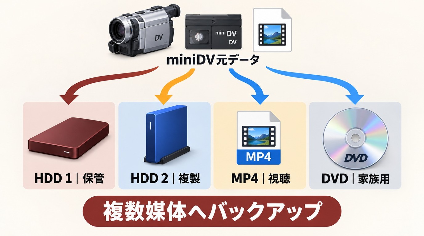 miniDVの元データをHDD、MP4、DVDへ分けてバックアップする方法