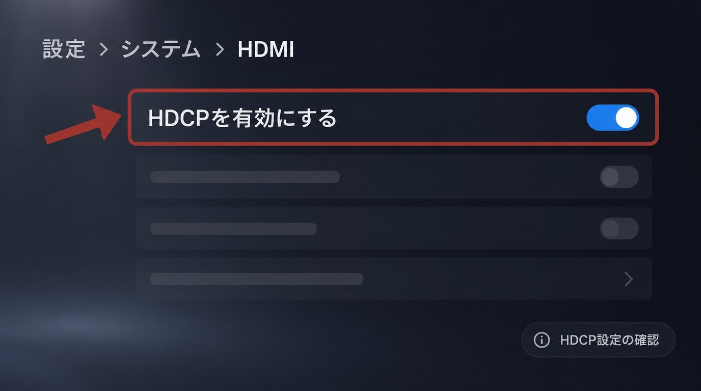 PS5のHDMI設定で「HDCPを有効にする」をオンにした画面