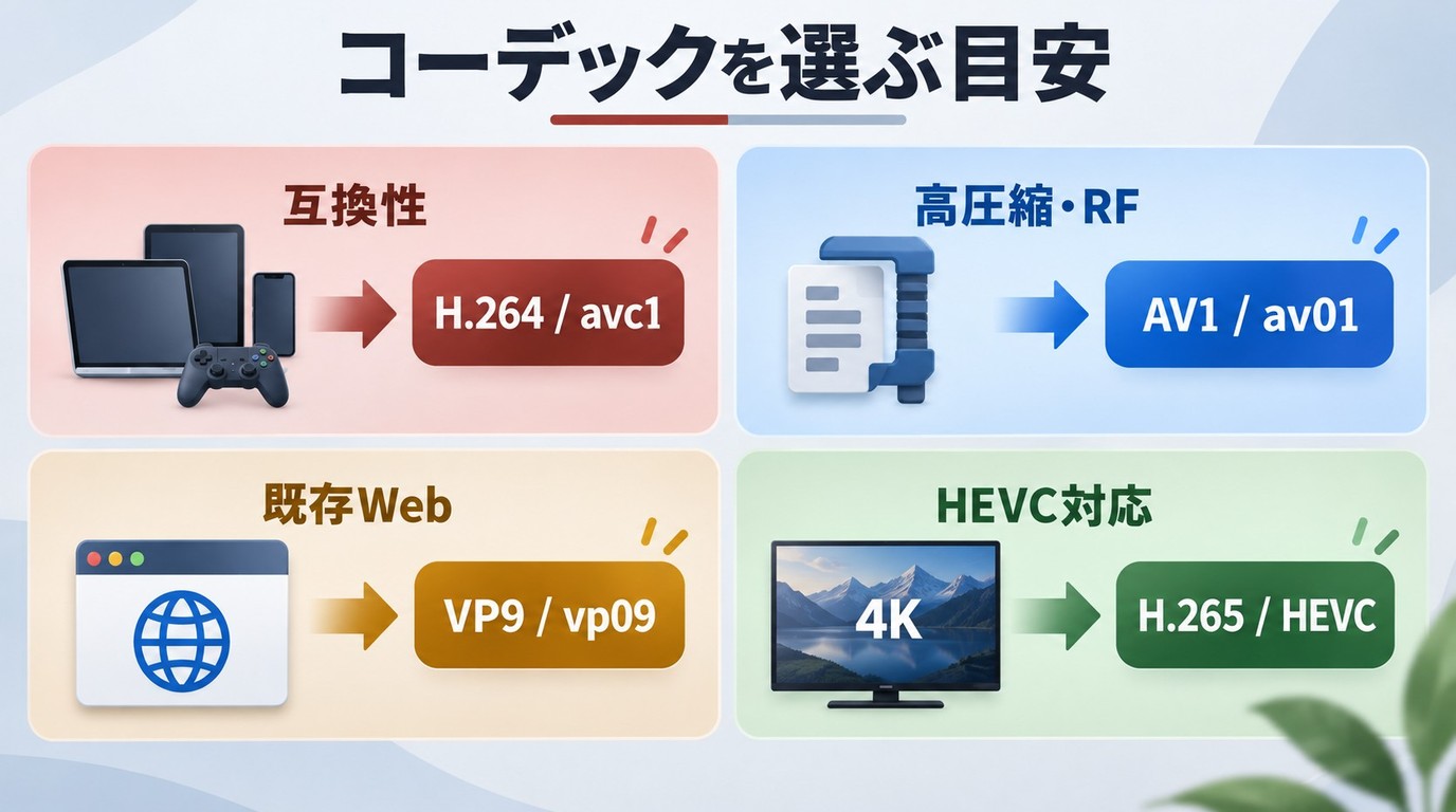 再生環境と用途からAV1、H.264、VP9、H.265を選ぶ目安