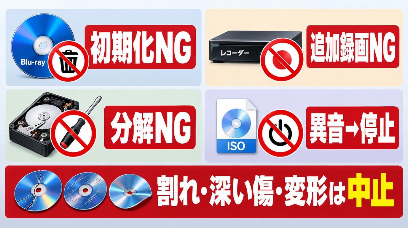 Blu-ray復元前に避ける初期化、追加録画、分解、異音時の再通電