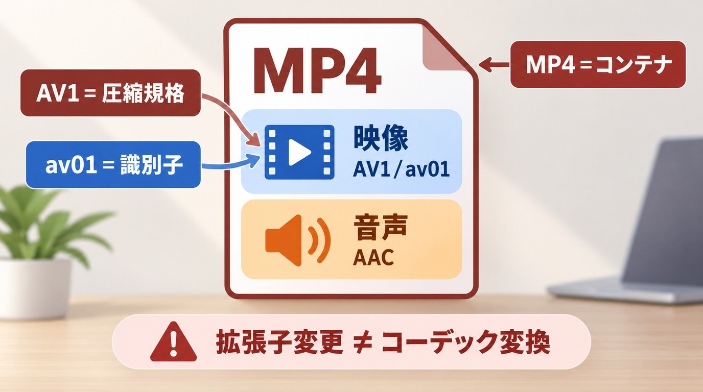 MP4コンテナ内にAV1映像がav01として格納される関係