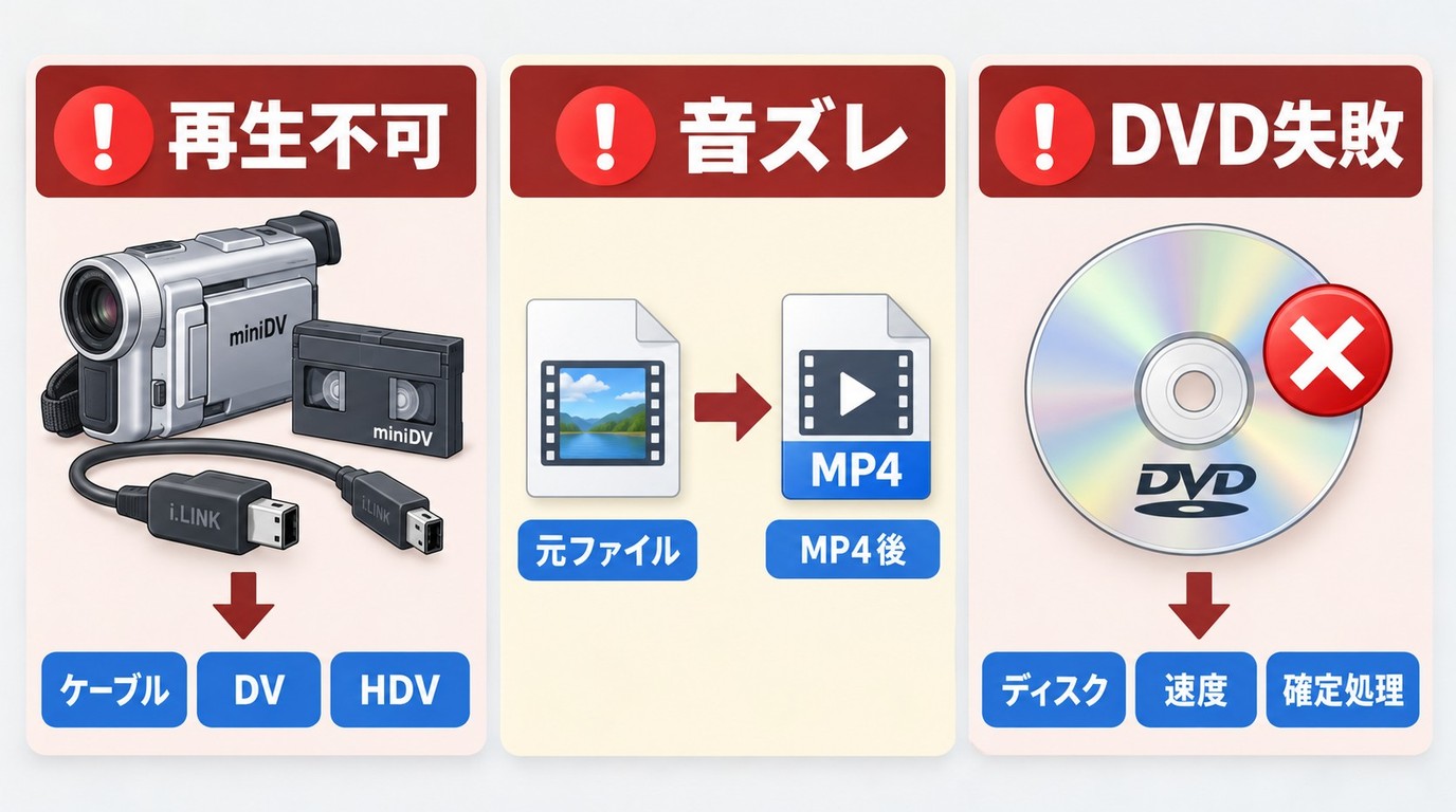 miniDVの再生不可、音ズレ、DVD書き込み失敗を切り分ける手順