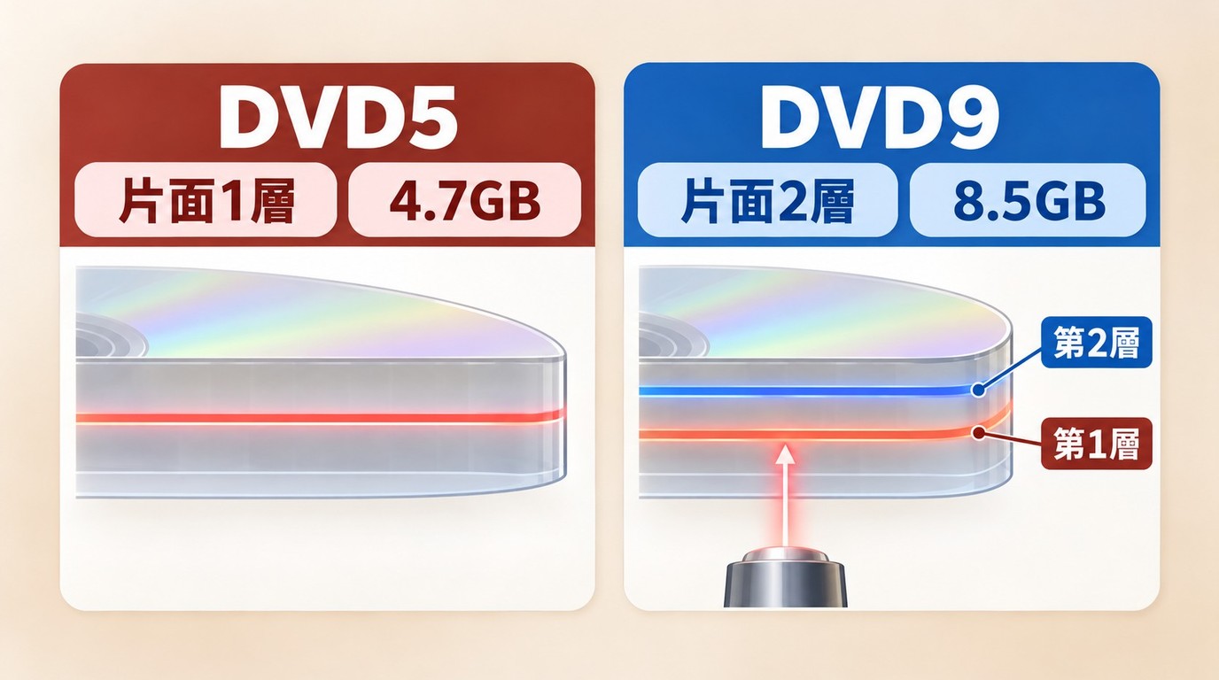 DVD5の片面1層とDVD9の片面2層の構造と容量の違い