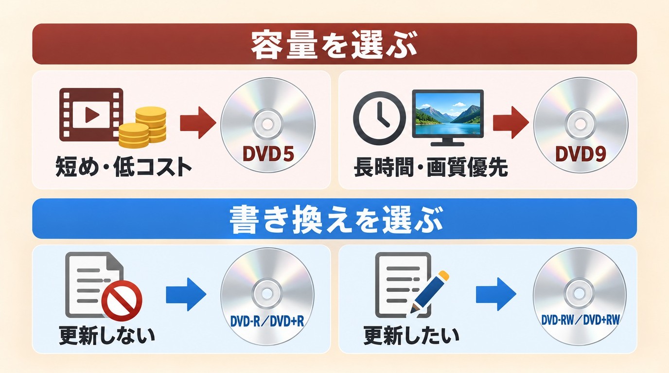映像時間と画質、書き換えの必要性に応じたDVD5とDVD9の選び方